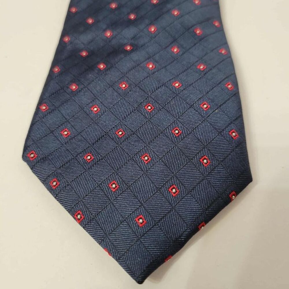 Oscar de la Renta Mens Tie Navy Red Geometric Plaid Grid Check Silk Tie Luxury